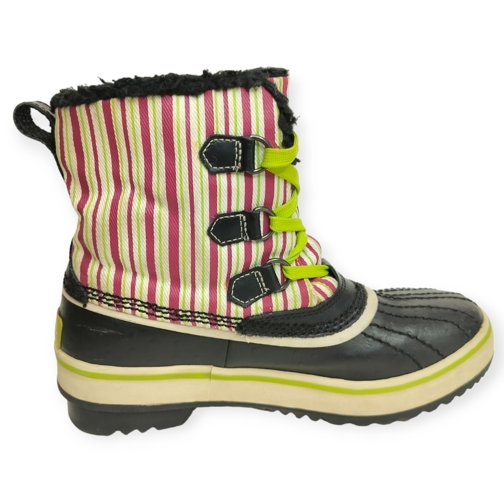 SOREL Tivoli Rubber Pink Green Striped Youth 4 Winter Duck Boots Faux Fur Trim - Picture 5 of 15